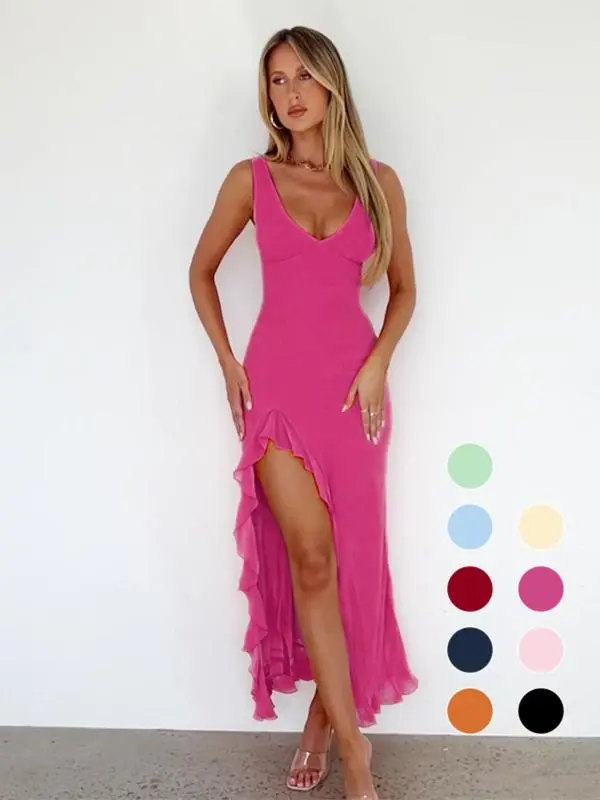 Women's Sleeveless Tank Dress-Solid Color, Thigh Slit, Summer Party Wear