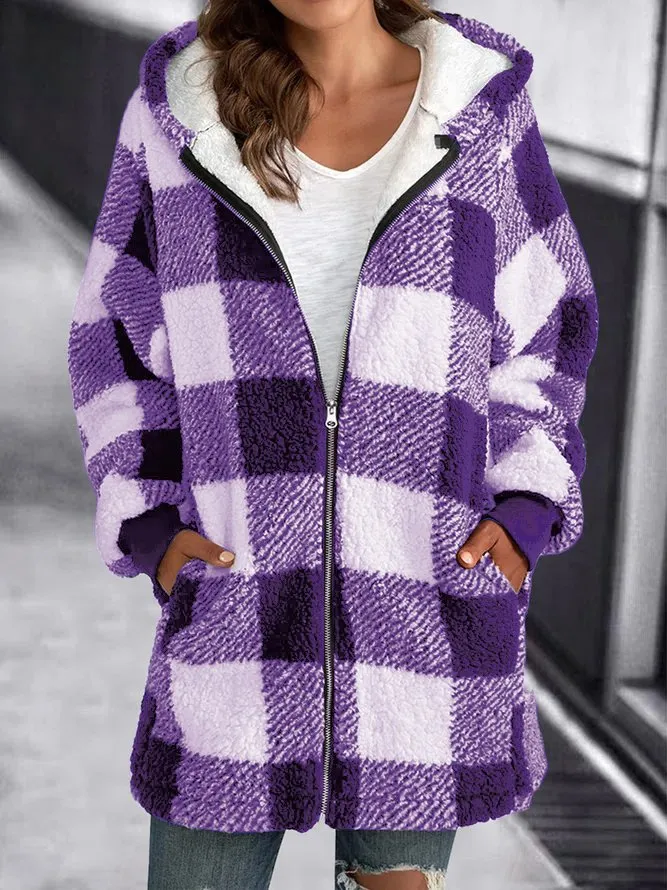 HOODIE PLAID LOOSE OVERCOAT
