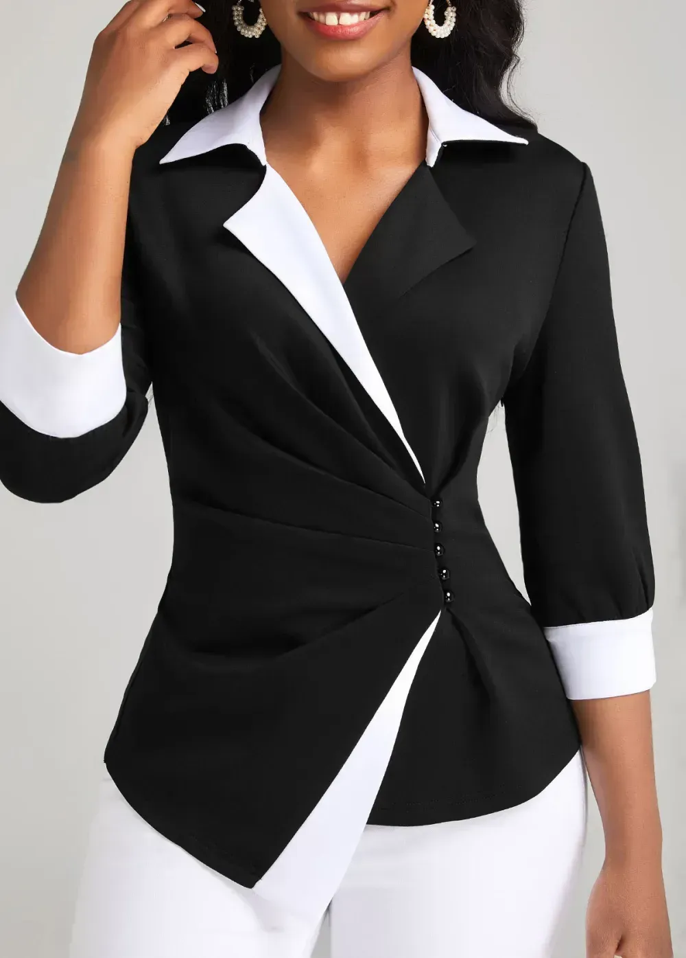 Black Button 3/4 Sleeve Lapel Blouse