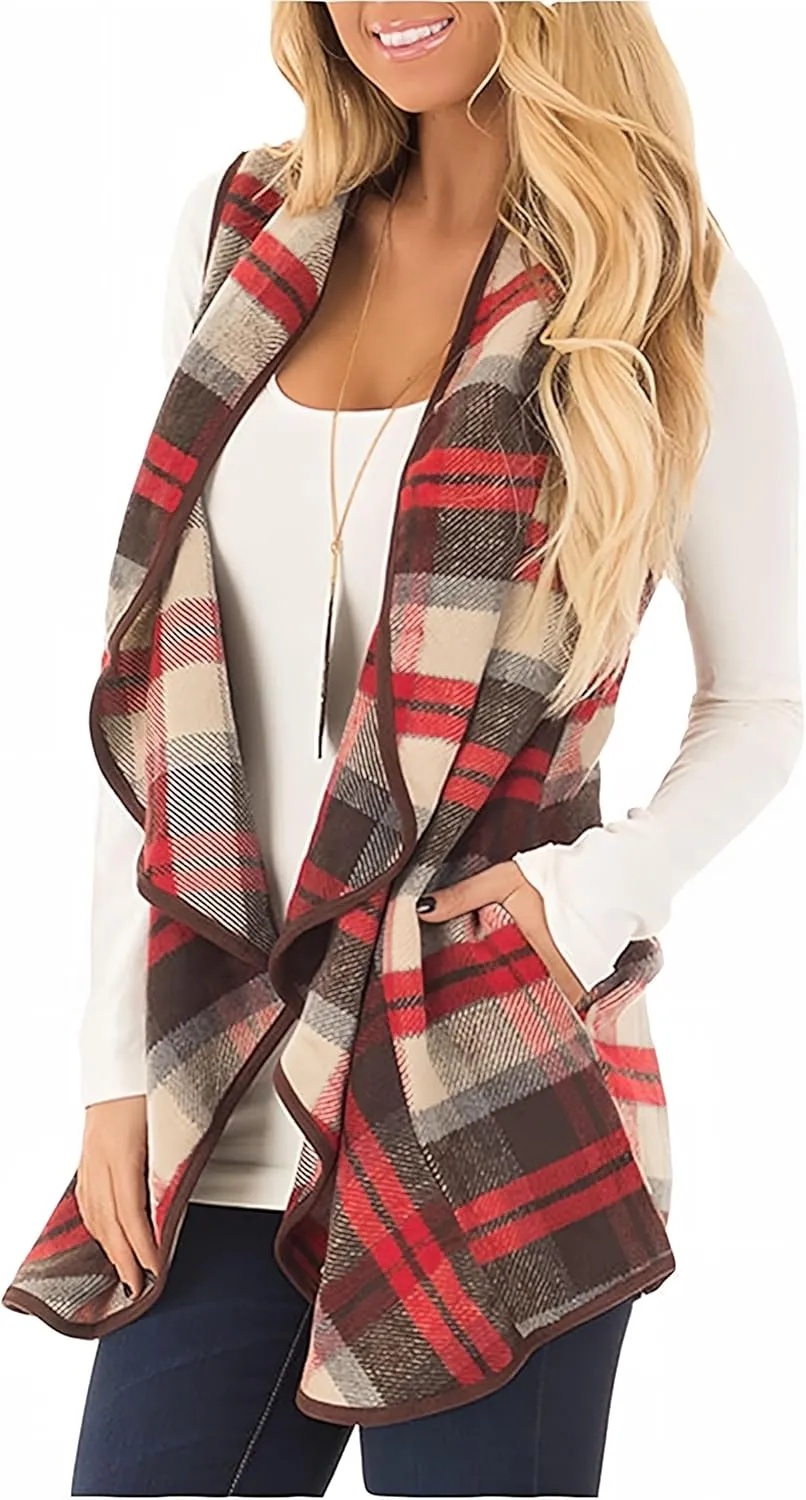 Womens Buffalo Plaid Vest Casual Lapel Open Front Sleeveless Cardigan Jacket Coat with Pockets