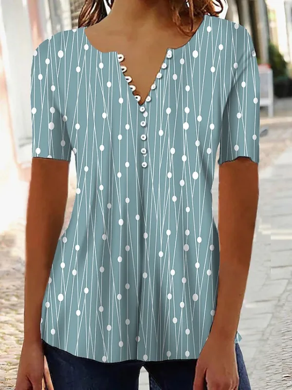 Women's Shirt Henley Shirt Blouse Polka Dot Striped Button Print Casual Tunic Basic Short Sleeve Round Neck Red