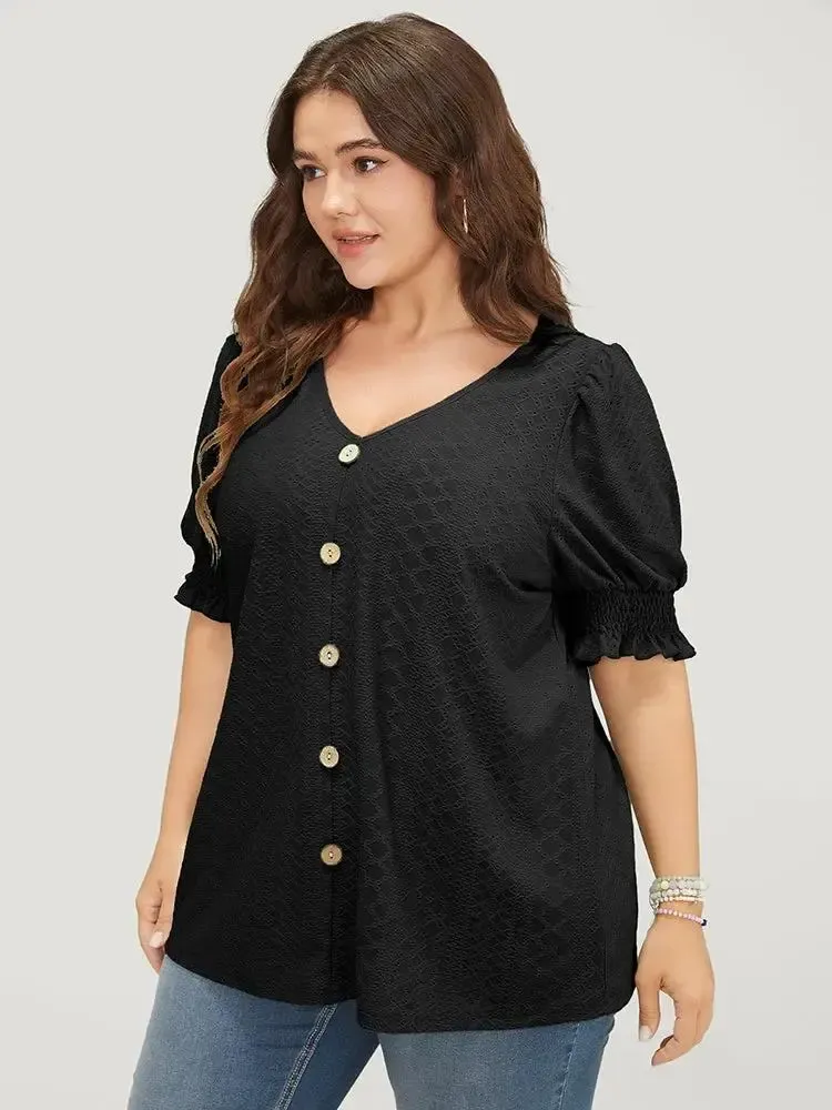 Plain Broderie Anglaise Shirred Puff Sleeve Button Detail T-shirt