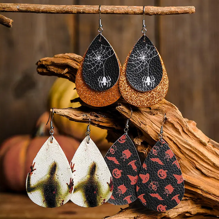 3Pairs Halloween Skull Bat Pumpkin Face Water Drop Earrings