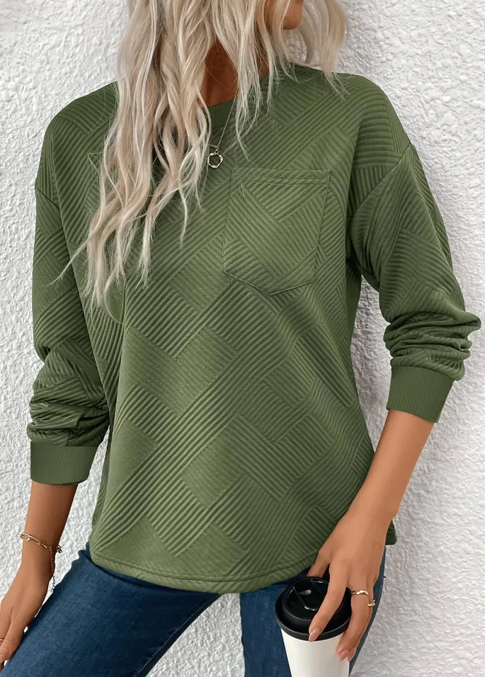 Olive Green Jacquard Long Sleeve Round Neck Sweatshirt