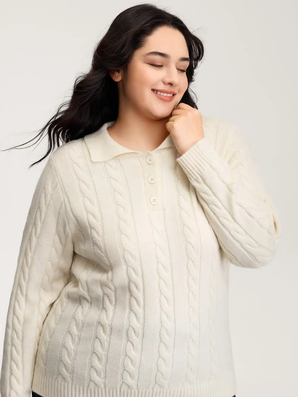 Supersoft Cable Knit Polo Collar Solid Pullover