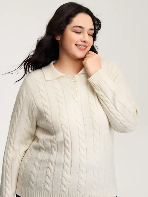 Supersoft Cable Knit Polo Collar Solid Pullover