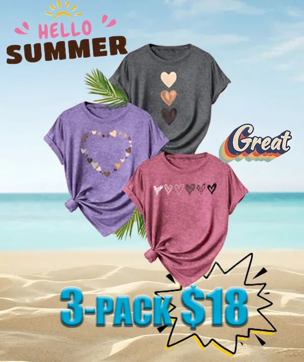 Women's Heart Print Graphic Tee – Casual Short Sleeve T-Shirt