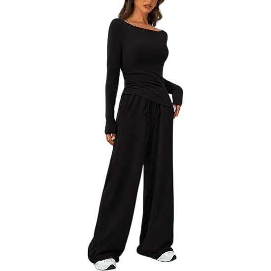 Women's 2-Piece Lounge Set – Asymmetrical Long Sleeve Top & Wide-Leg Pants, Casual Minimalist Tracksuit