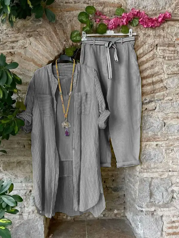 Casual Top And Pants With Stripe Cardigan Three-piece Set