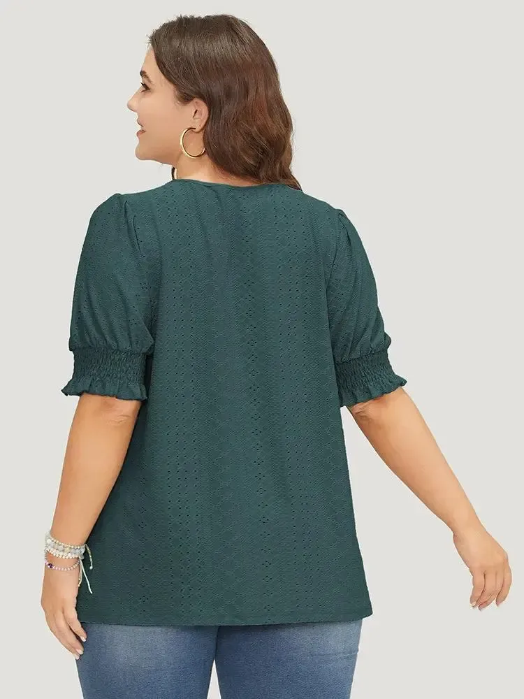 Plain Broderie Anglaise Shirred Puff Sleeve Button Detail T-shirt