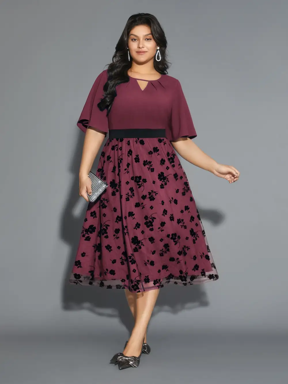 Floral Embroidered Mesh keyhole Dress