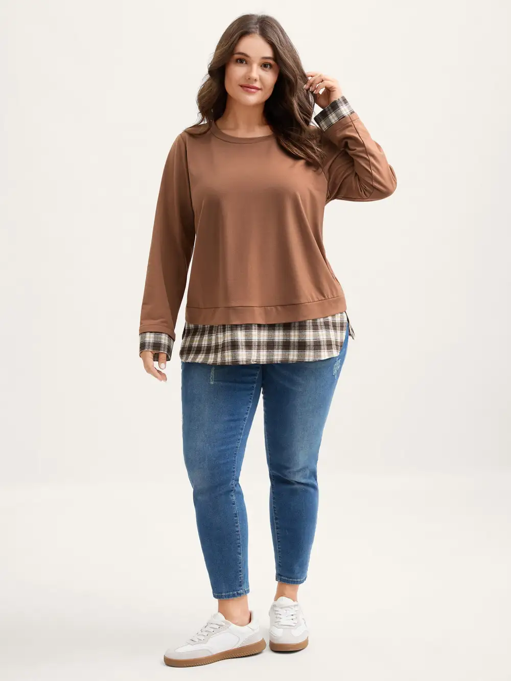 Plaid Color Contrast Spliced Sweatshirt