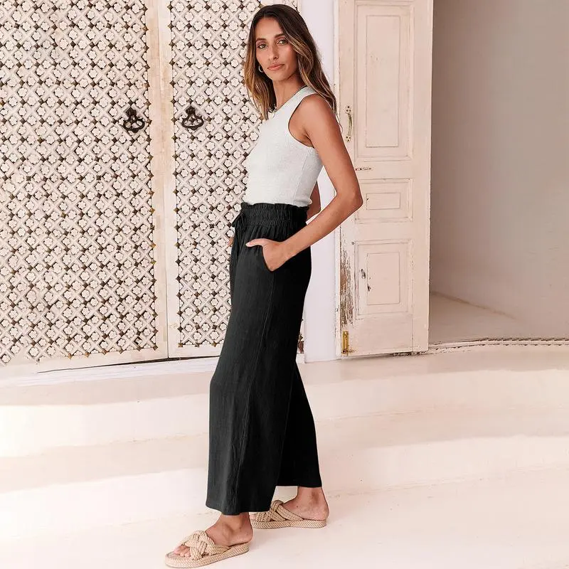 Women's Linen Wide Leg Pants – High Waist Drawstring Trousers with Pockets