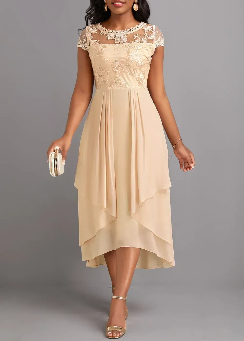 Champagne Lace High Low Short Sleeve Dress