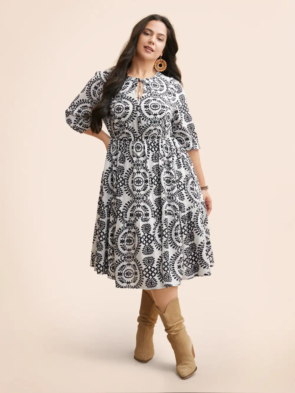 Damask Print Tie Knot Puff Sleeve Dress