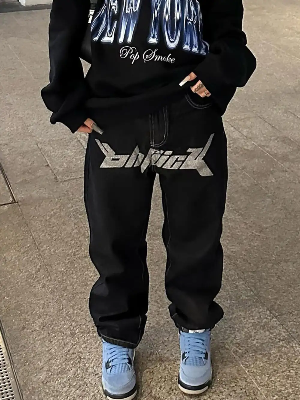 Letter Print Dollar Black Baggy Jeans -1024