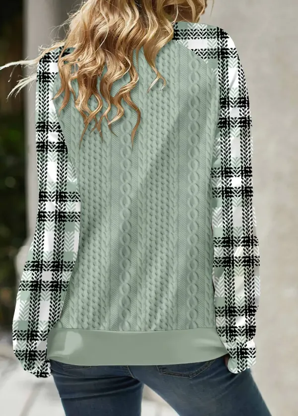Sage Green Lace Up Plaid Long Sleeve Sweatshirt