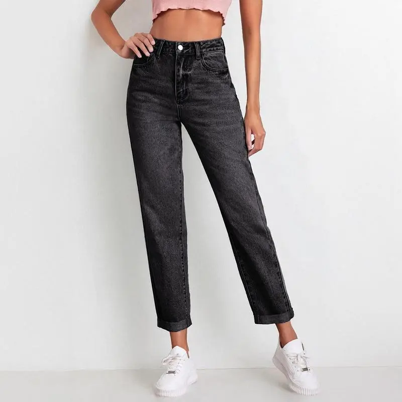 Women's Mid-Rise Tapered Jeans – Casual Street Style Fall Denim Pants