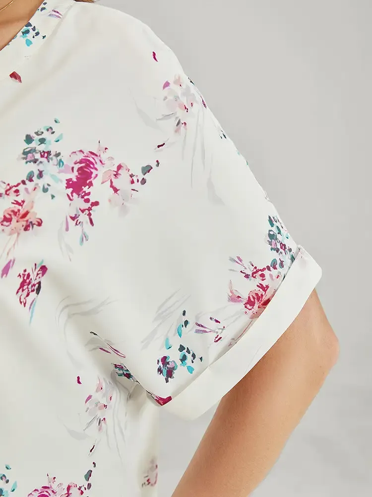 Floral Roll Batwing Sleeve Notched Neck Blouse