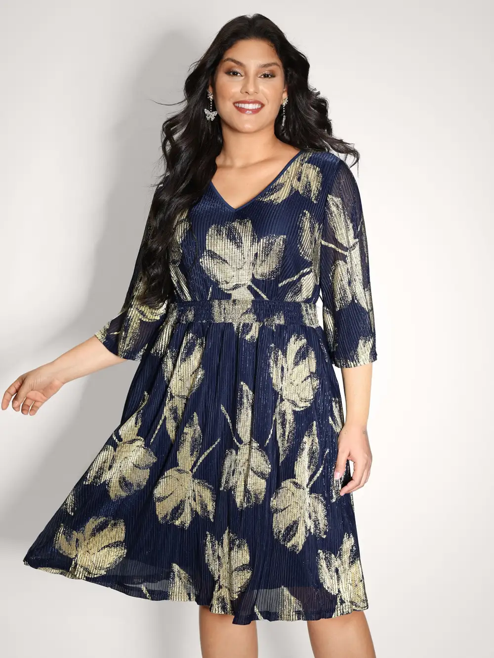 Hot Stamped Fall Leaf Shirred Midi Dress