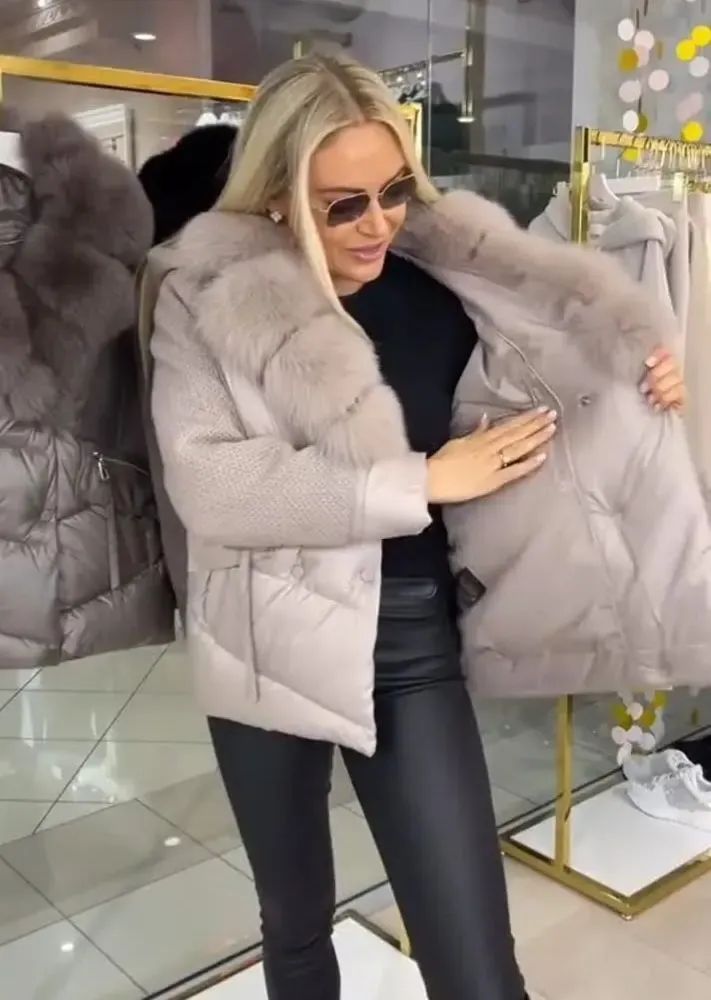 Down Jacket with Fur - trimmed Hood and Knitted Sleeves