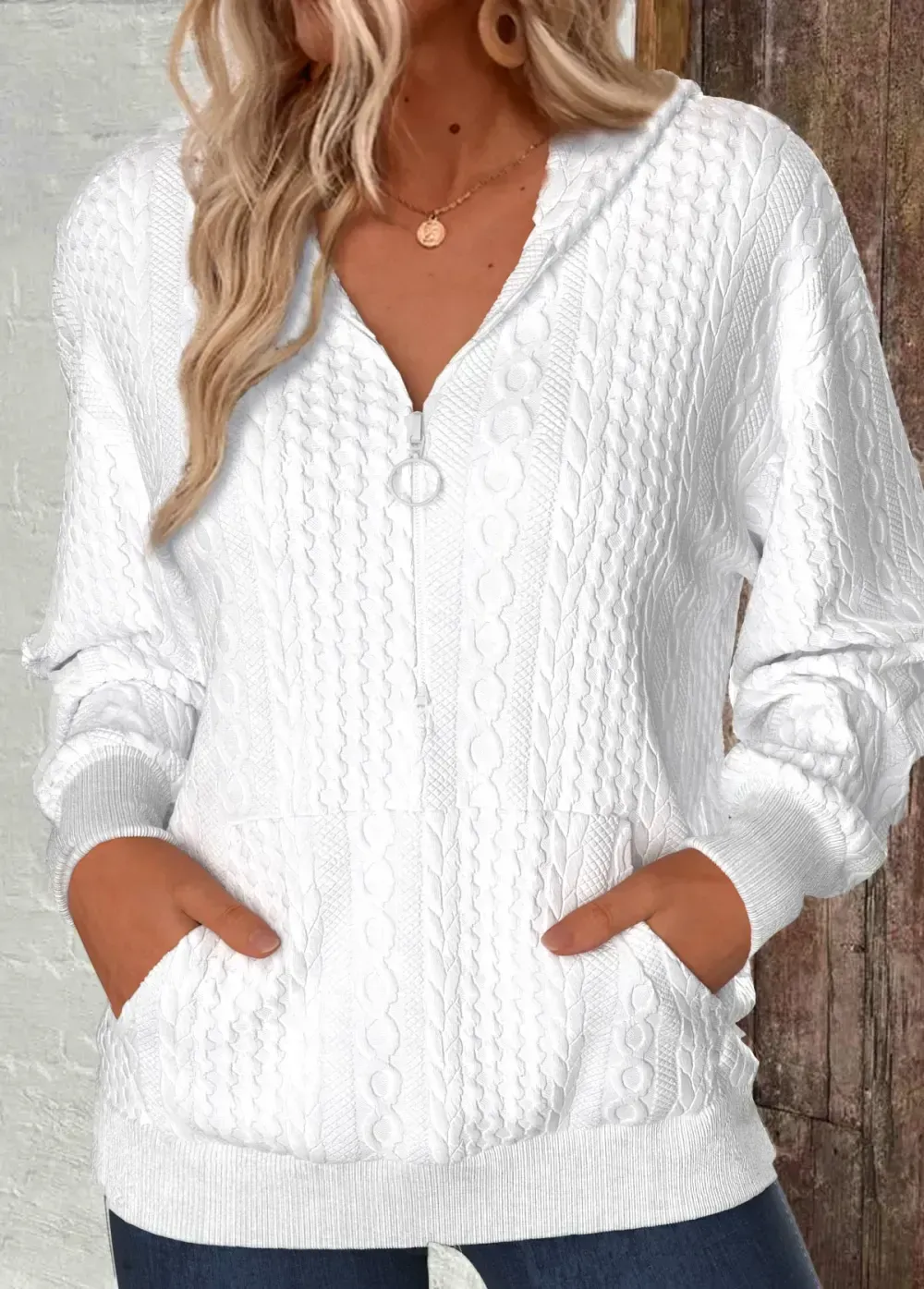 White Zipper Long Sleeve V Neck Hoodie