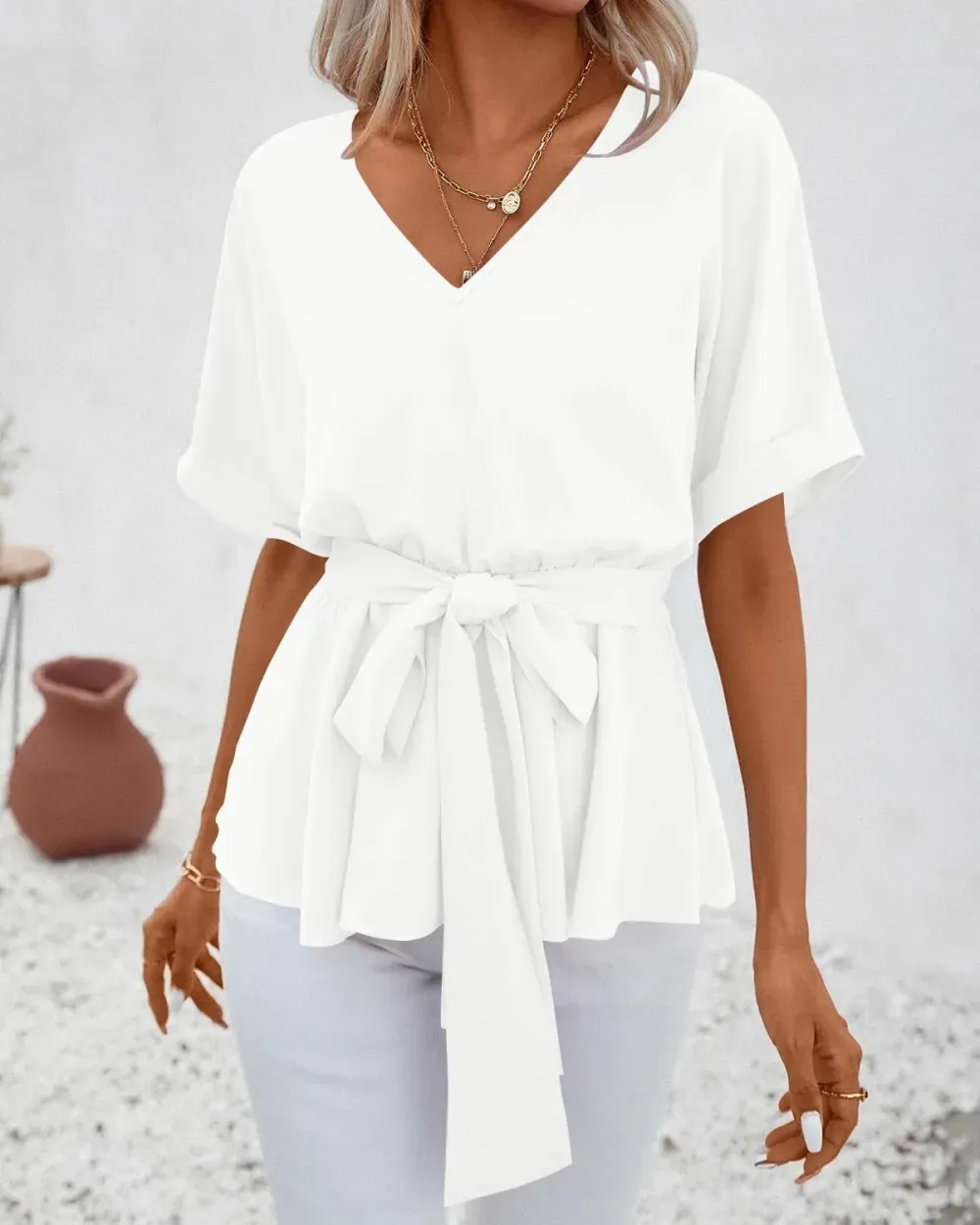 ✨Womens V Neck Blouse Short Sleeve Belted Casual T-Shirts Basic Tee Tops