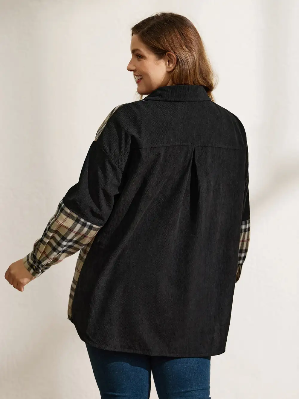 Corduroy Plaid Print Contrast Jacket