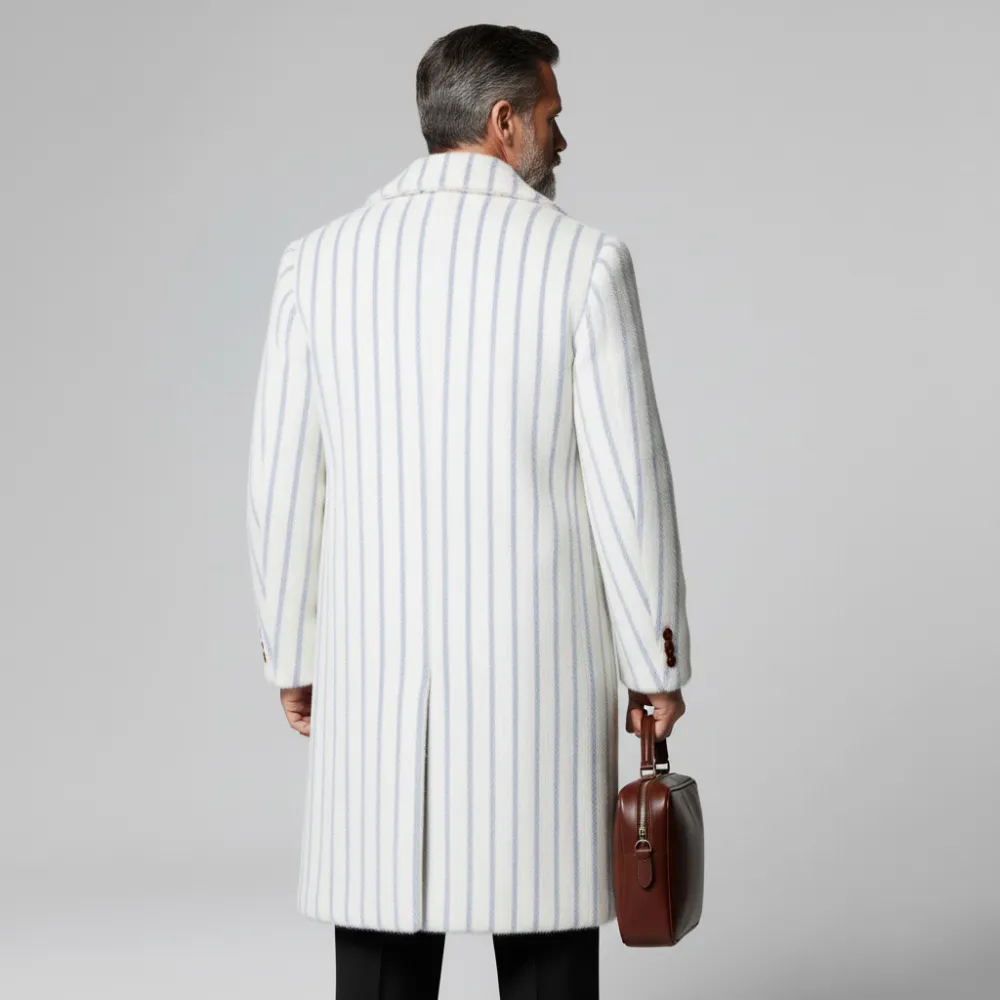 Men's White Striped Notch Lapel Two Button Long Sleeve Pocket Overcoat