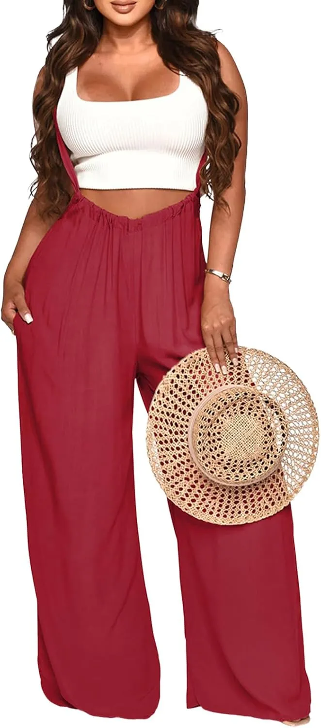 Womens Jumpsuit Casual Loose Sleeveless Adjustable Spaghetti Straps Wide Leg Pants Baggy Overalls With Pockets