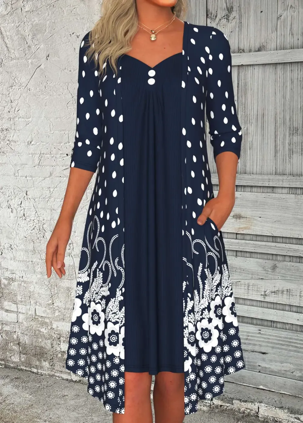 Navy Button Floral Print A Line 3/4 Sleeve Dress