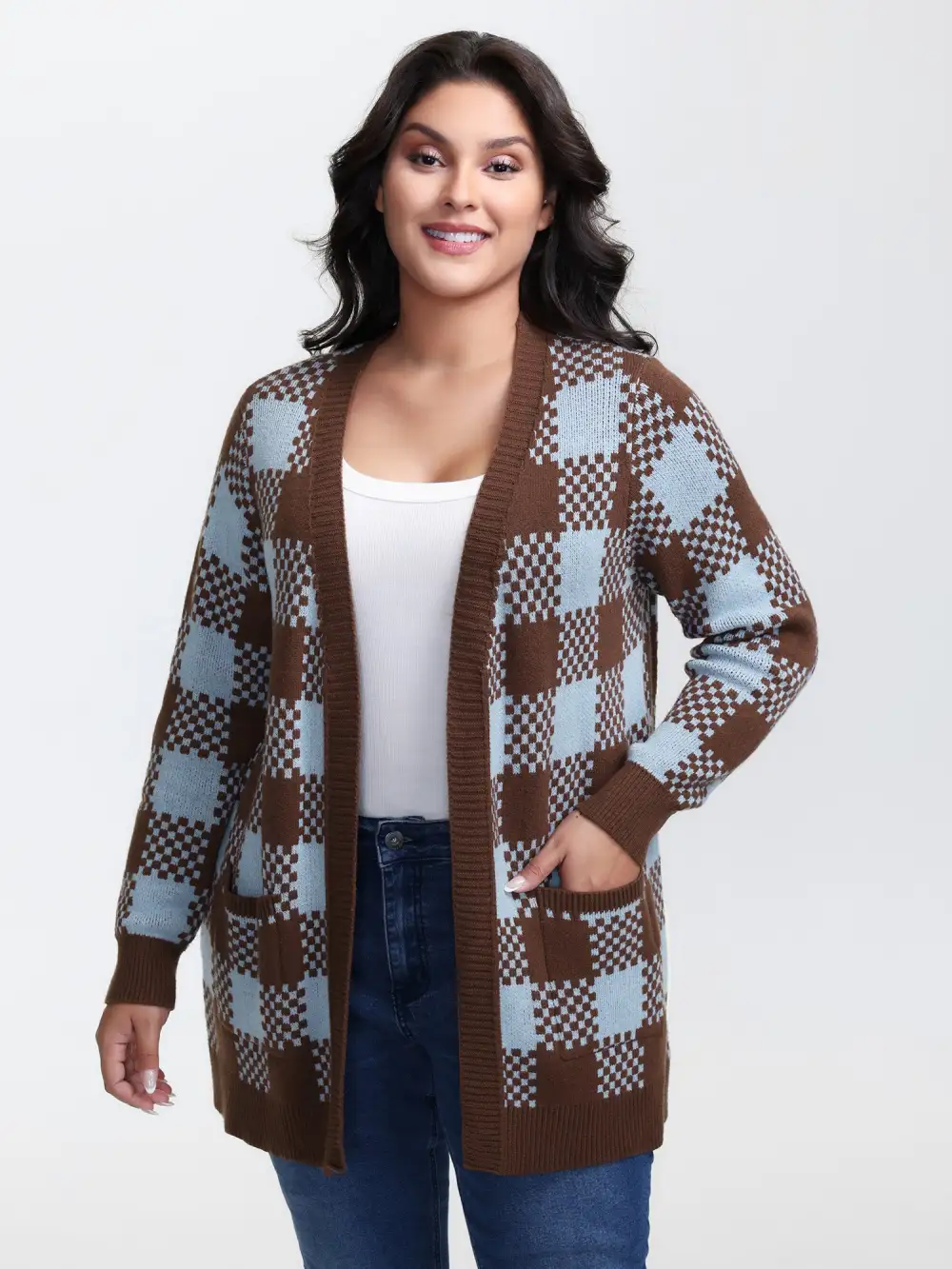 Checkered Pattern Pockets Knit Cardigan