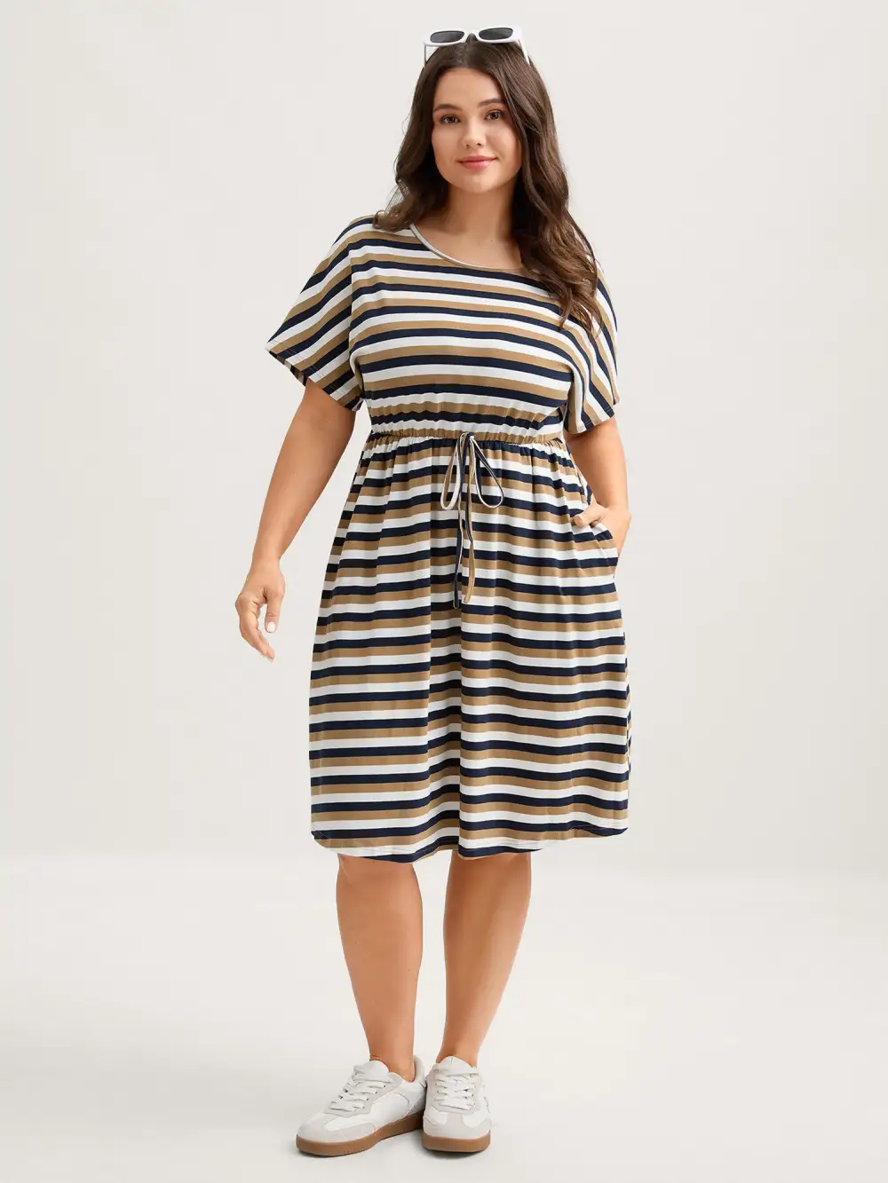 Pure Cotton Striped Waist-Tie Midi Dress