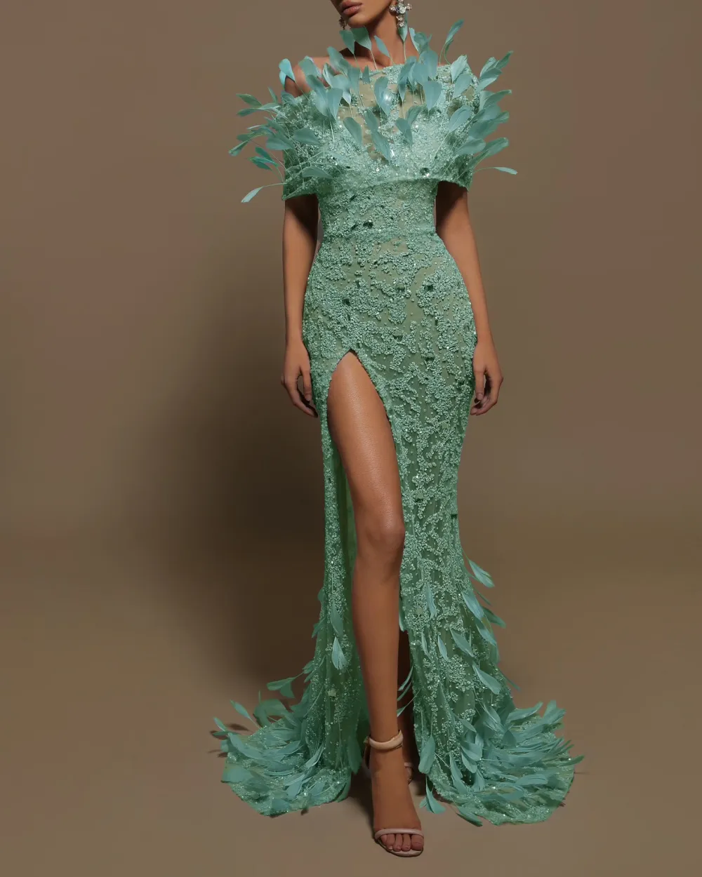 Feather Beaded Slit Maxi Dress