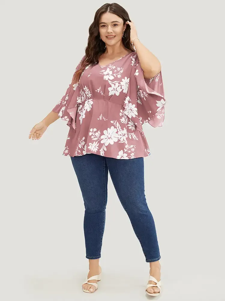Floral Printed Plicated Detail Flutter Sleeve Blouse