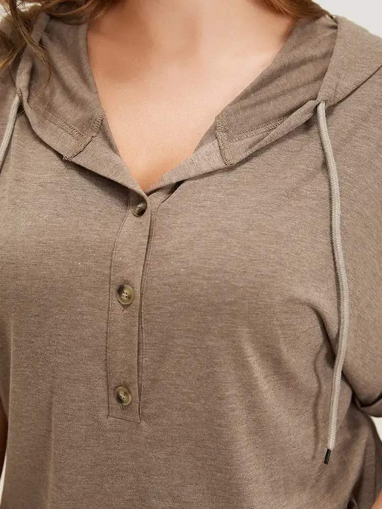 Plain Drawstring Roll Sleeve Button Up Hooded T-shirt