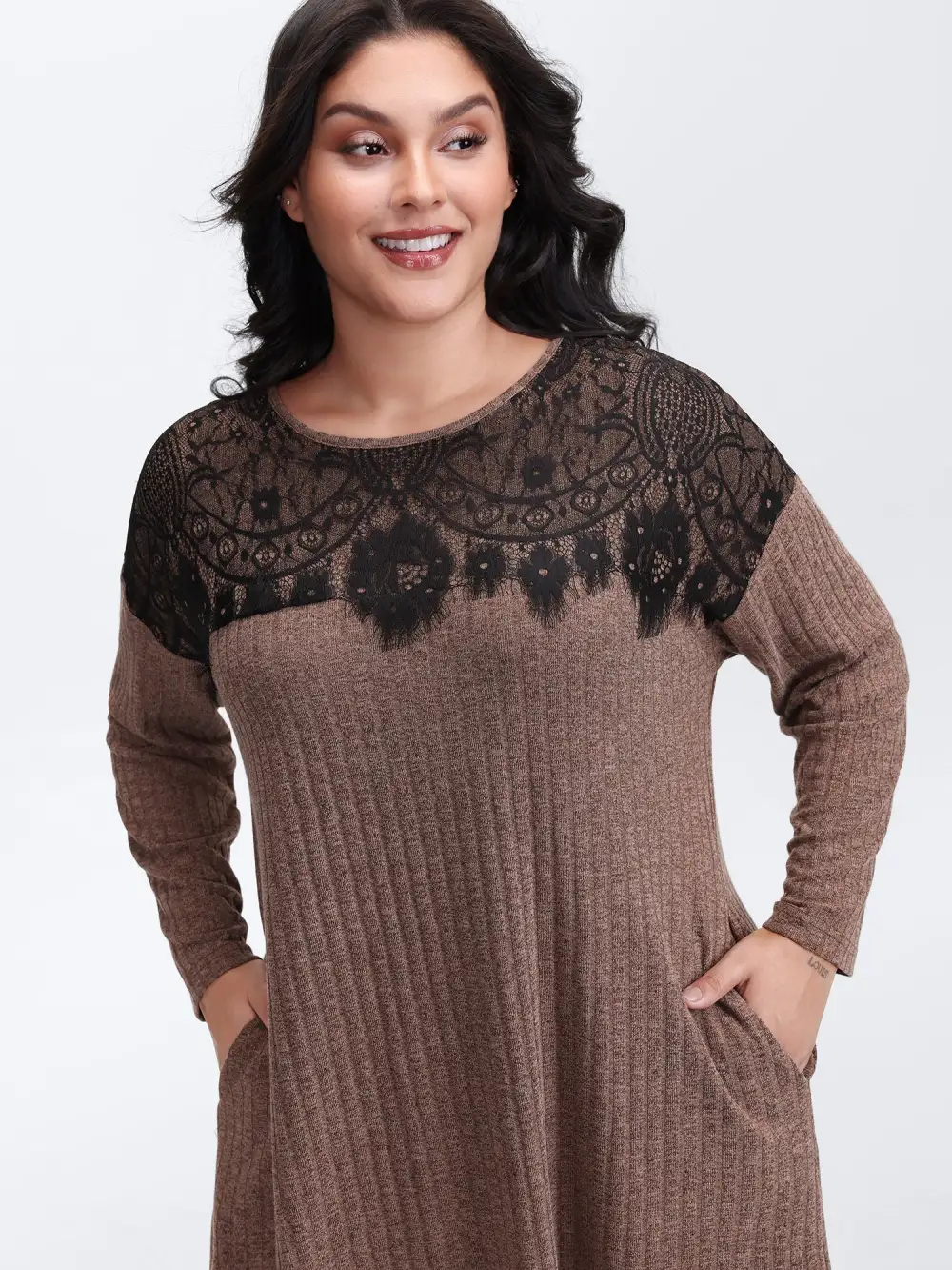 Heather Lace Ribbed Pockets Midi Dress