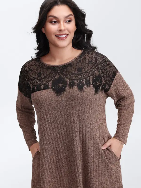 Heather Lace Ribbed Pockets Midi Dress