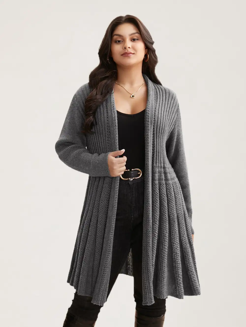 Plain Textured Kimono Collar Cardigan