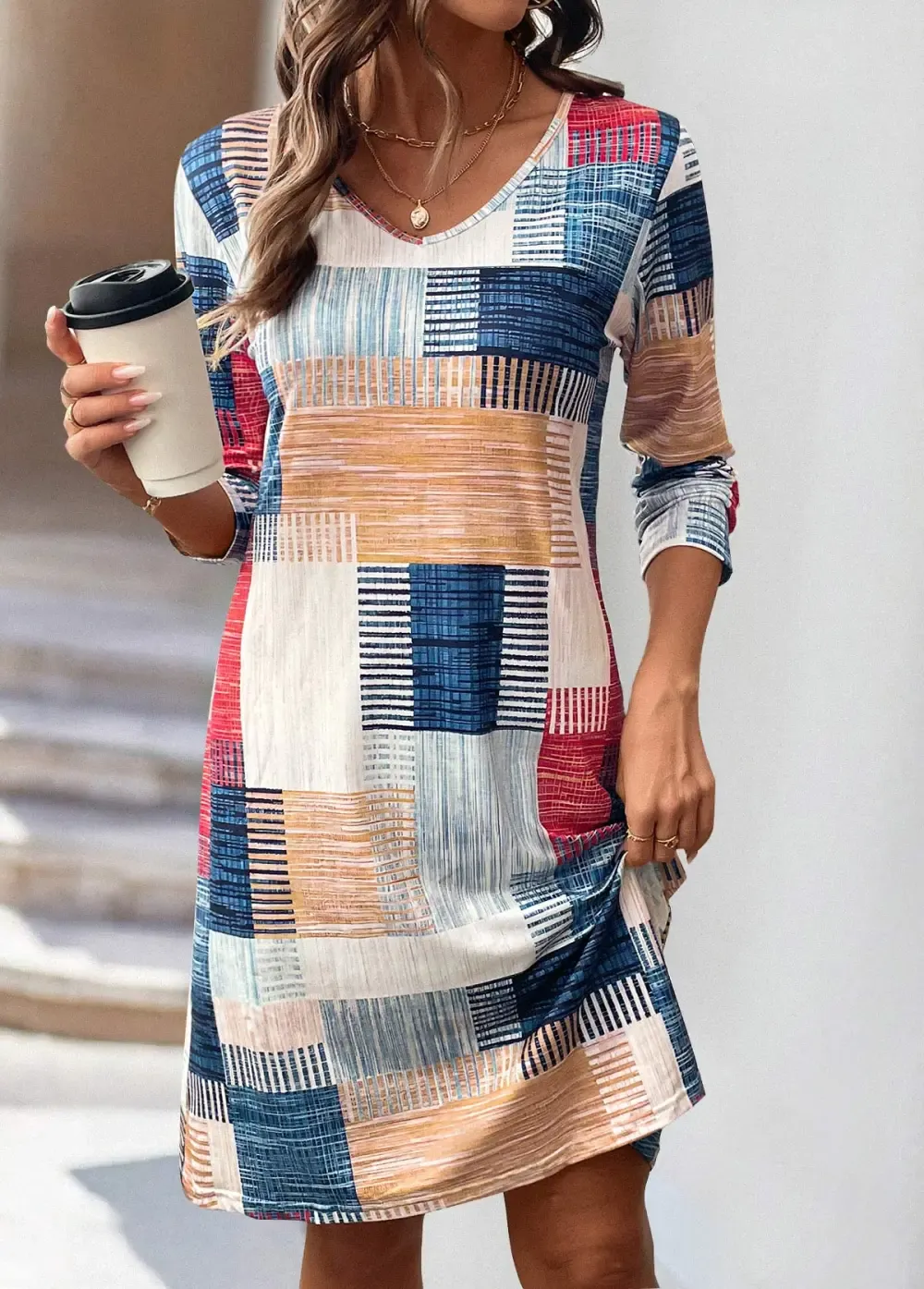 Multi Color Geometric Print A Line Long Sleeve Dress