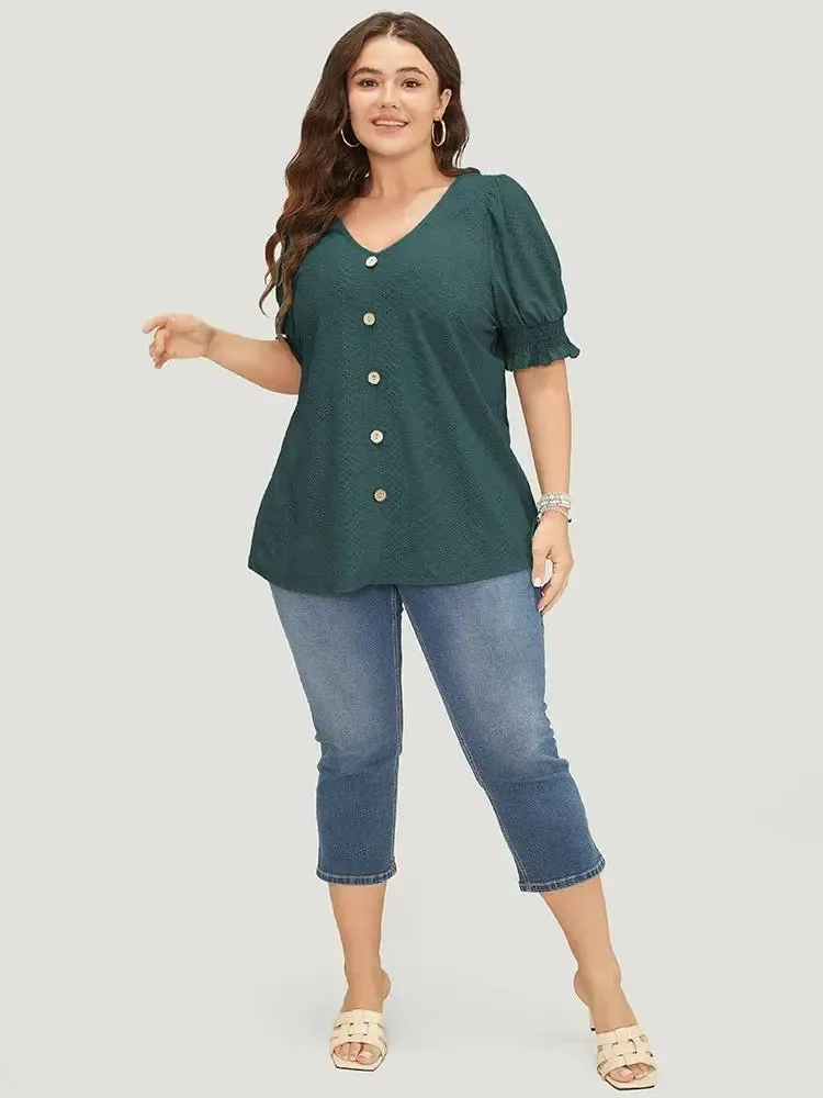 Plain Broderie Anglaise Shirred Puff Sleeve Button Detail T-shirt