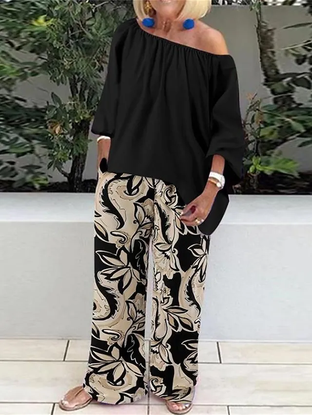 Women's Loungewear Sets Flower Fashion Casual Comfort Home Street Daily Polyester Breathable Off Shoulder Long Sleeve Shirt Pant Summer Spring Black Pink