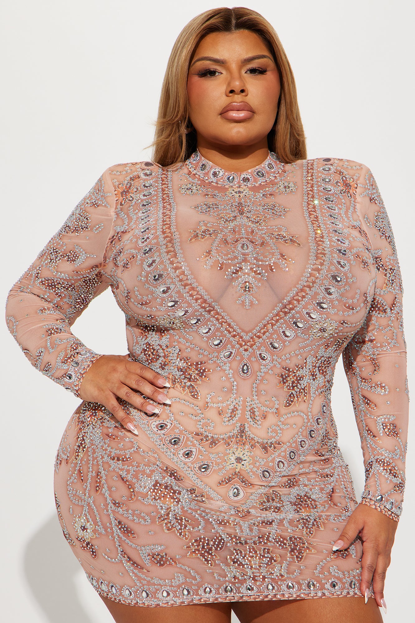 Queen Cleopatra Embellished Mini Dress - Nude