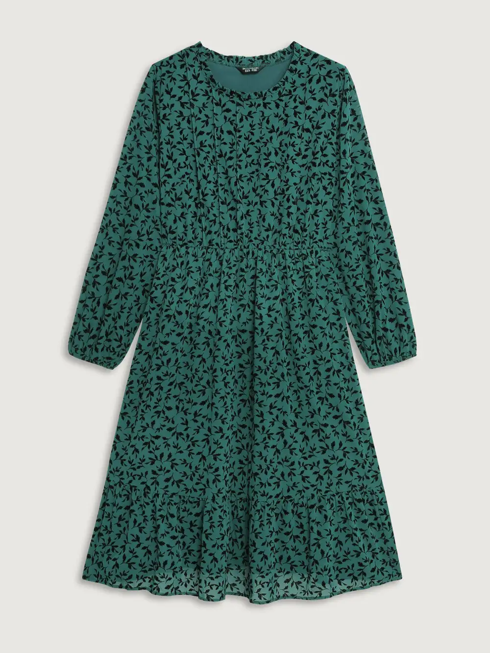 Flocked Floral Shirred Ruffled Neck Midi Dress