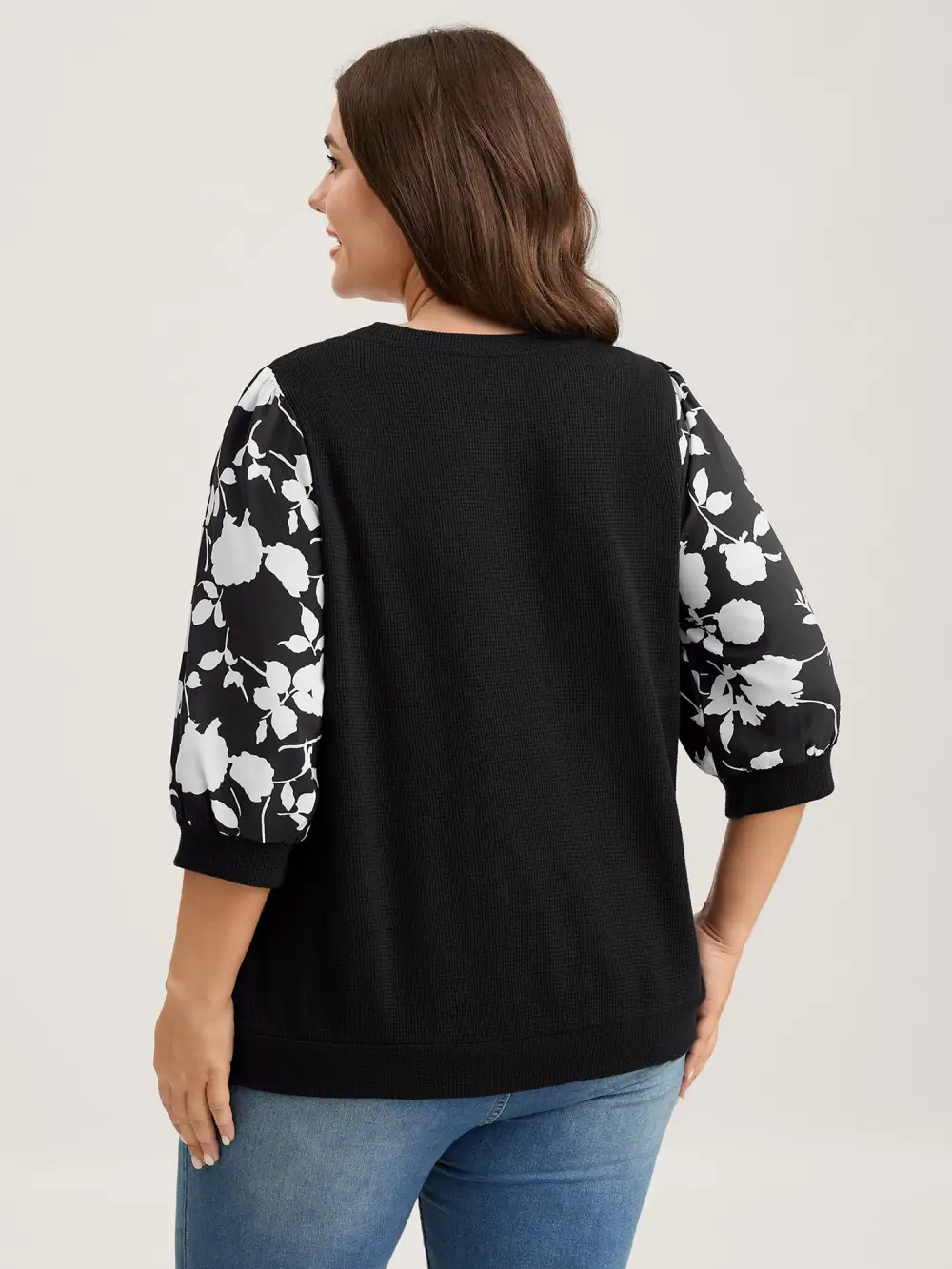 Textured Floral Puffy Sleeve Sweatshirt