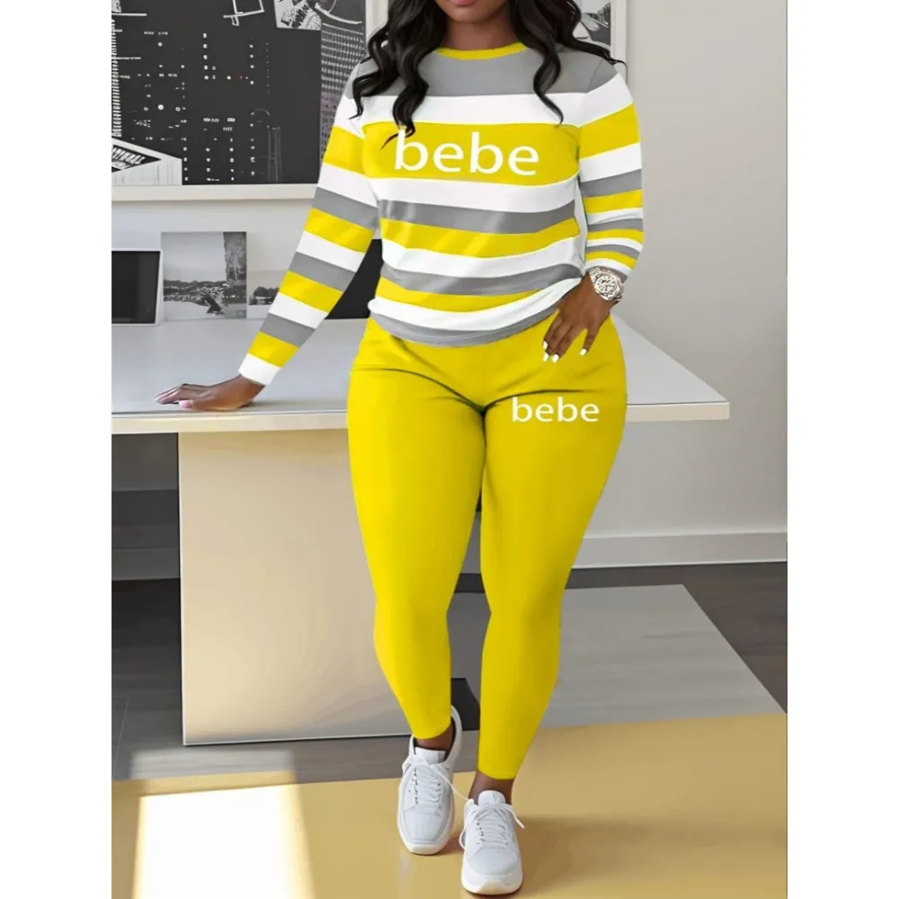 Women's Striped Bebe Letter Print Set