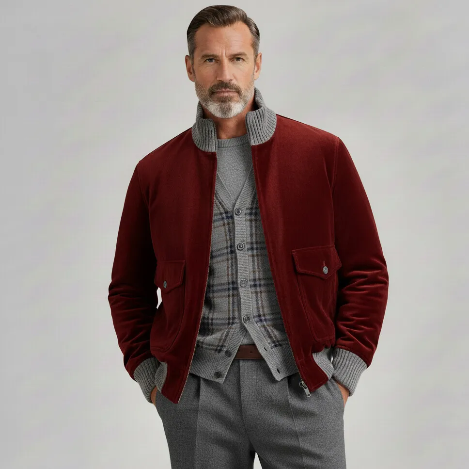 Men's Burgundy Stand Collar Long Sleeve Flap Pocket Zipper Velvet Jacket