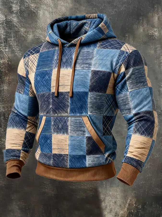 Men's Retro Distressed Color Block Print Casual Long Sleeve Sweatshirt