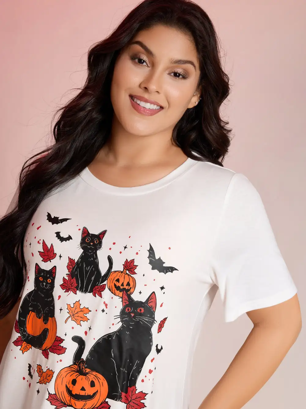 Halloween Cat Print Round Neck T-Shirt