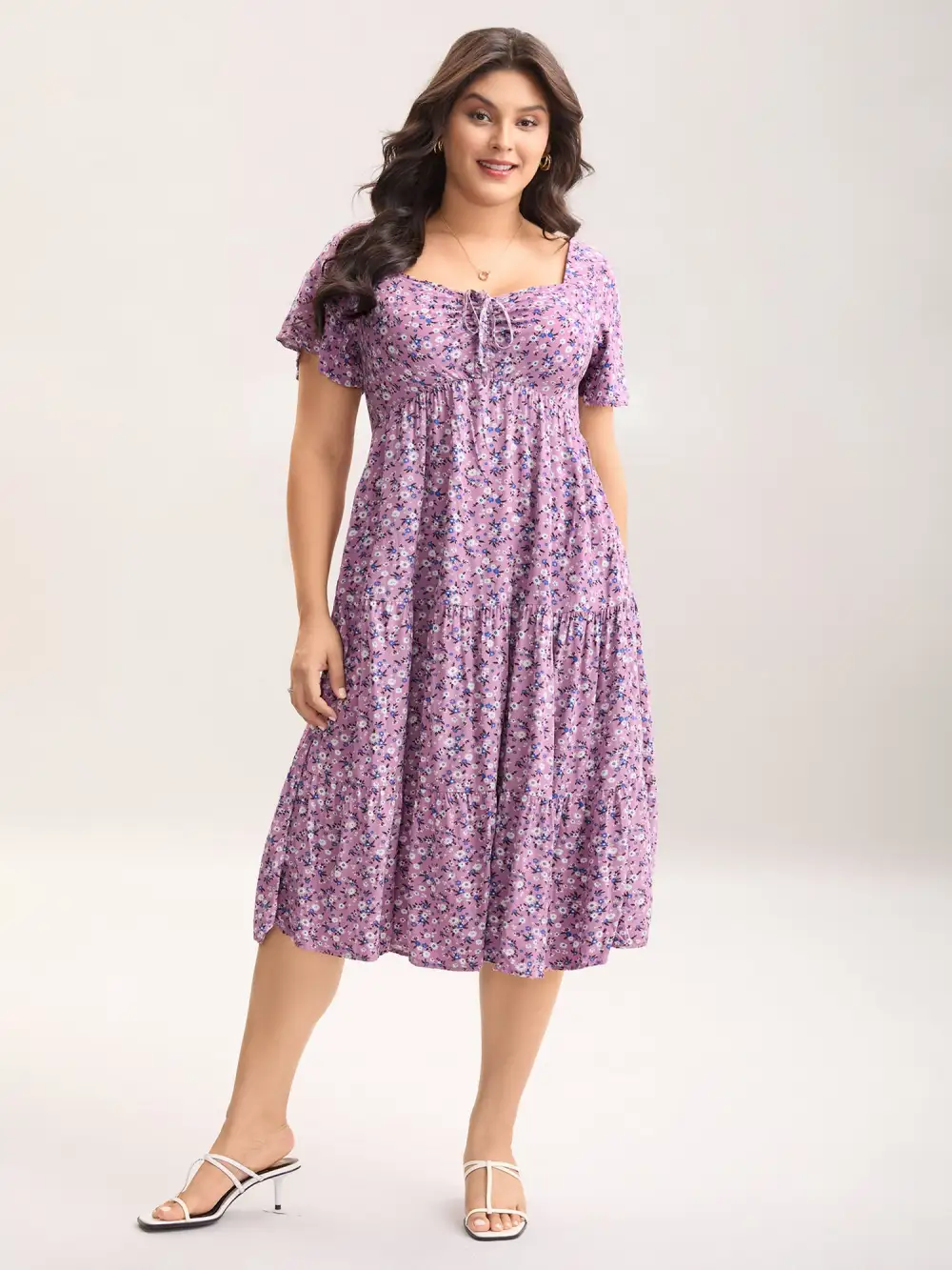 Ditsy Floral Sweetheart Drawstring Pocket Tiered Dress